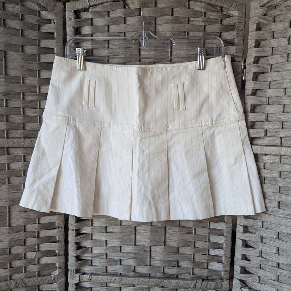 Theory Pleated Micro Mini Skirt‎ White Tan Pinstripe Side Zip Sz 10 Tennis Prep